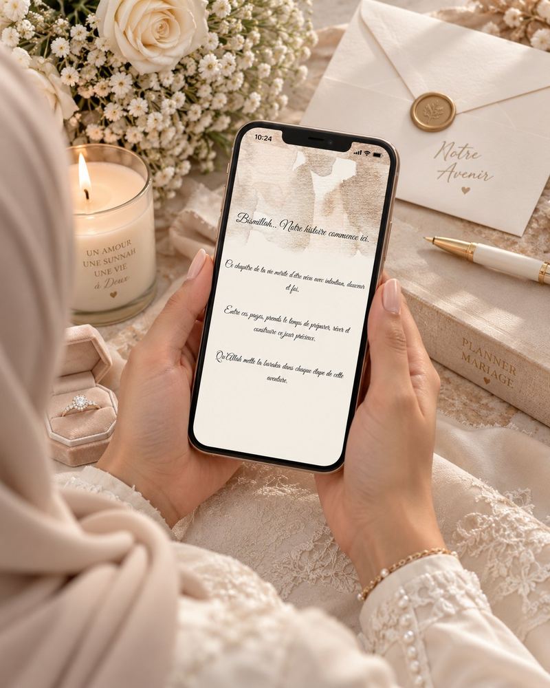 Le planner ouvert sur sa première page, « Bismillah, notre histoire commence ici »